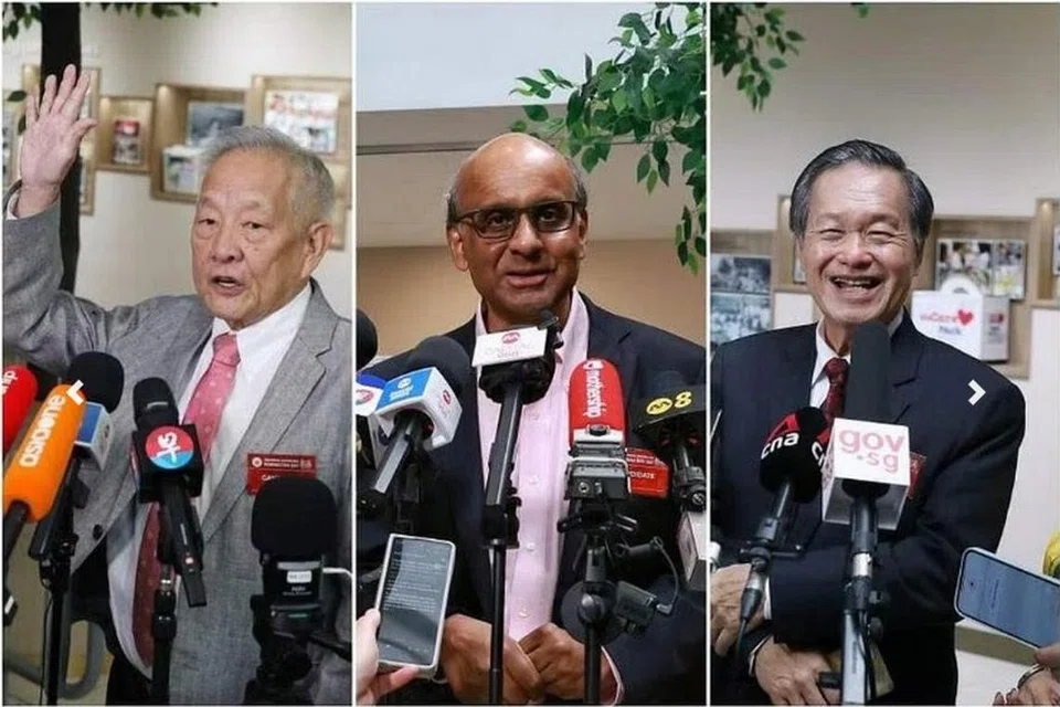 MULA BERKEMPEN: Tiga calon presiden, (dari kiri) Encik Ng Kok Song, Encik Tharman Shanmugaratnam dan Encik Tan Kin Lian telah disahkan sebagai calon di Pusat Penamaan Calon pada Selasa. 