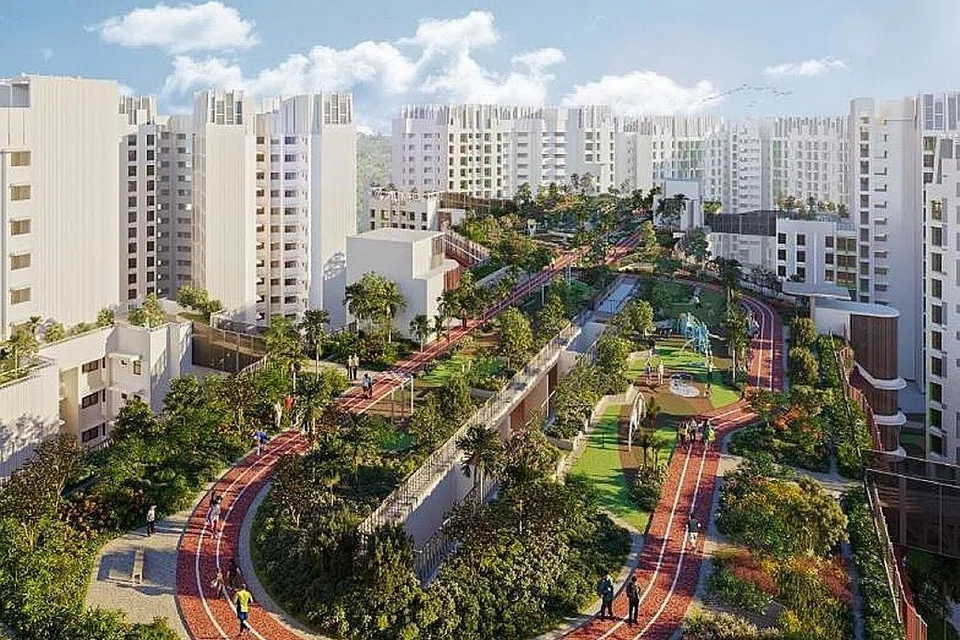 BERSENAM DI BUMBUNG: Sebuah taman sukan yang ditempatkan di bumbung sebuah tempat meletak kereta bertingkat akan menyediakan pelbagai kemudahan seperti trek untuk lari dan peralatan senaman. Ciri-ciri di bawah peta baru itu akan diterapkan dalam bandar perumahan terbaru HDB, Tengah. - Foto HDB