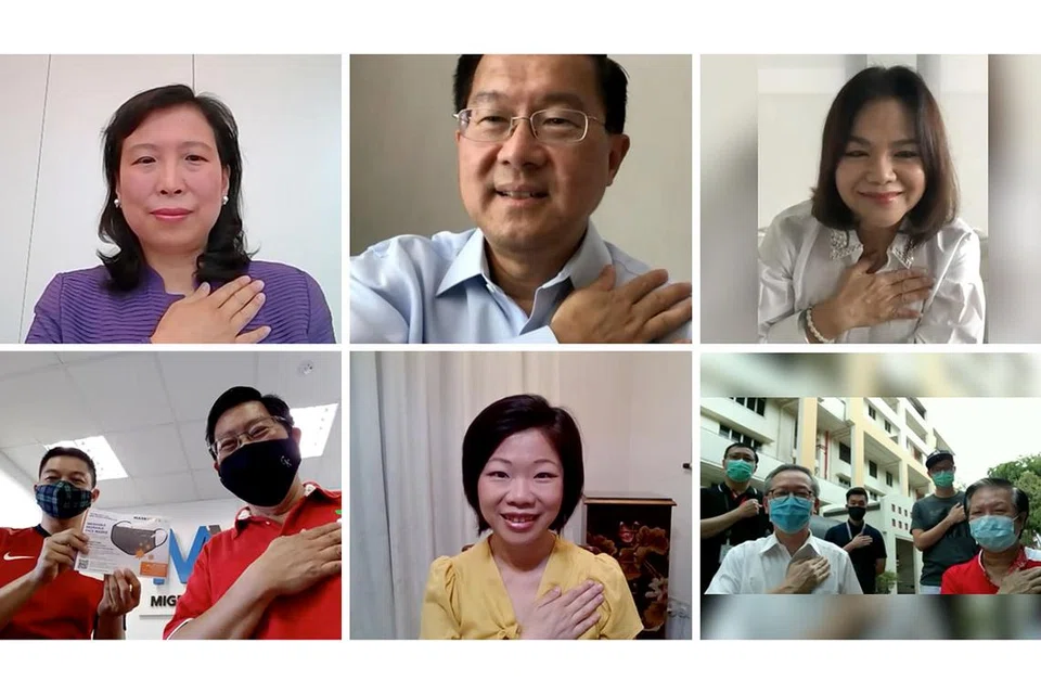 USAHA MASYARAKAT: Penganjur MaskForce, Cik Sim Ann (barisan bawah, tiga dari kiri) dan Encik Yeo Guat Kwang (dua dari kiri), semalam, mengadakan panggilan video beramai-ramai untuk mengucapkan terima kasih kepada penderma. - Foto MASKFORCE