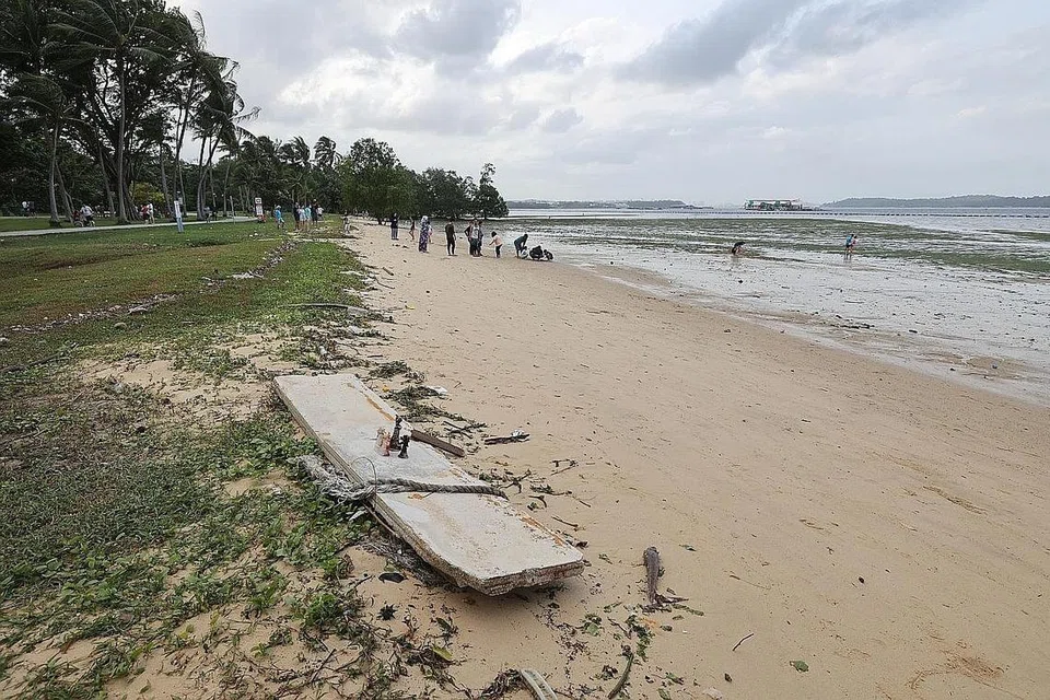 TEMPAT JANIN DITEMUI: Seketul janin ditemui di pantai Taman Pasir Ris Park dekat pit BBQ 23. Janin tersebut ditemui di bawah bangku ini. - Foto ZAOBAO