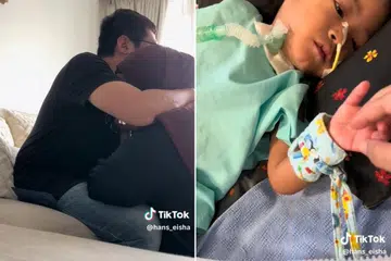 Encik Salihan Mustakim dan Cik Nur’El Huda Hasbullah (gambar kiri) bersalaman di pagi Hari Raya berdua sahaja selepas anak mereka, Nur Eva Eisha Salihan, menerima rawatan di Unit Jagaan Rapi Hospital Wanita dan Kanak-Kanak KK (gambar kanan).