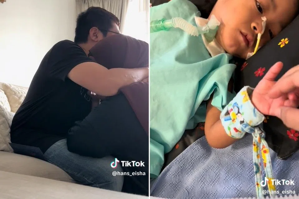 Encik Salihan Mustakim dan Cik Nur’El Huda Hasbullah (gambar kiri) bersalaman di pagi Hari Raya berdua sahaja selepas anak mereka, Nur Eva Eisha Salihan, menerima rawatan di Unit Jagaan Rapi Hospital Wanita dan Kanak-Kanak KK (gambar kanan).