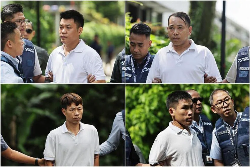 Keempat-empat suspek (dari atas, kiri, ikut putaran jam) Zhuo Yinggui, Yang Chao, Zhou Qifa dan He Jiao, masing-masing didakwa dengan satu tuduhan memiliki peralatan pecah masuk rumah pada 10 Ogos.