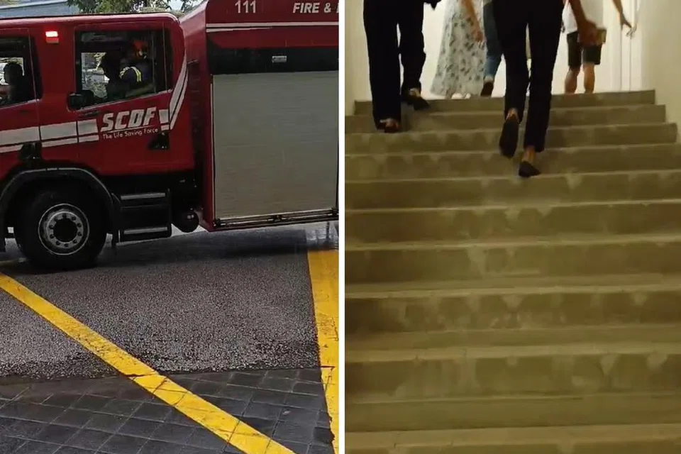 Sebuah kereta bomba kelihatan berada di luar Hospital Universiti Nasional (kiri) sementara beberapa orang kelihatan mencari laluan keluar.