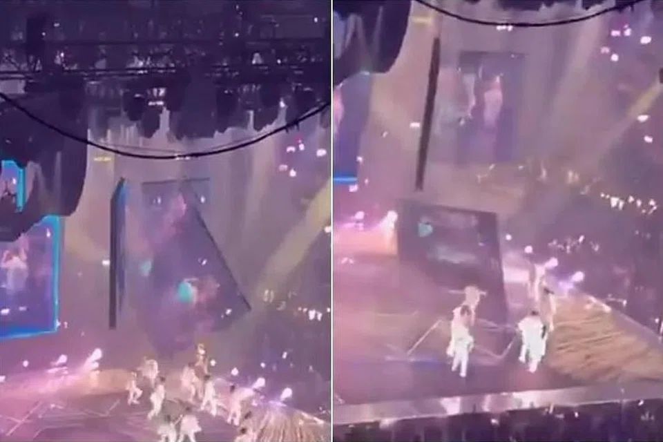 Skrin gergasi yang dipasang bagi konsert kumpulan Mirror di Hong Kong jatuh mencederakan sekurang-kurangnya dua penari. - Foto HKFP/TWITTER