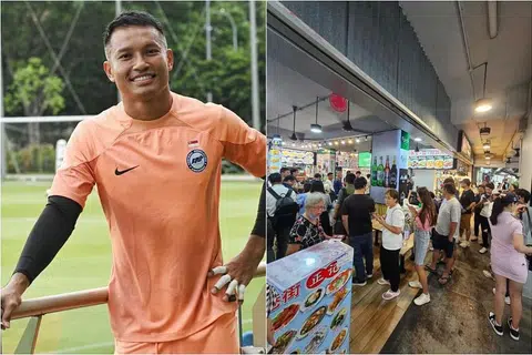 Barisan panjang dilihat melimpah hingga ke ruang luar kedai kopi Blok 144, Tampines Street 12, tempat gerai makan milik penjaga gawang bola sepak kebangsaan Singapura, Hassan Sunny. 
