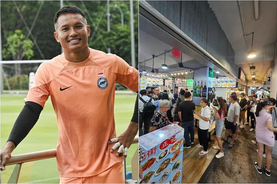 Barisan panjang dilihat melimpah hingga ke ruang luar kedai kopi Blok 144, Tampines Street 12, tempat gerai makan milik penjaga gawang bola sepak kebangsaan Singapura, Hassan Sunny. 