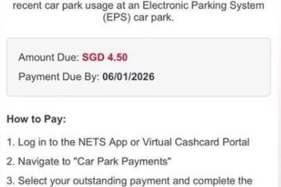 NETS menasihatkan orang ramai yang menerima e-mel meminta pembayaran untuk caj tempat meletak kereta tertunggak, agar tidak mengendahkannya.