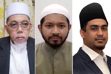 MENOLONG ITU SATU KEWAJIPAN: (Dari kiri) Ustaz Mohamad H Rais, Ustaz Uwais Al-Qarni Mohamed Fawzi dan Ustaz Mohamed Asysallehan Mohamed Ali mengetengahkan konsep Islam sebagai sebuah agama penyatuan yang menekankan hubungan persaudaraan sesama Mukmin.