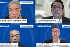 (Atas, kiri) Koresponden Berita Harian (BH), Cik Siti Aisyah Nordin; peguam A Rohim Noor Lila LLP, Encik Abdul Rohim Sarip (atas, kanan); Ketua Pegawai Eksekutif (CEO) SSA Group/Barakah Capital, Encik Suhaimi Salleh (bawah, kiri); dan anggota bersekutu kanan Jawatankuasa Fatwa Muis, Ustaz Kamal Mokhtar merupakan ahli panel webinar pertama BH pada 21 November. 