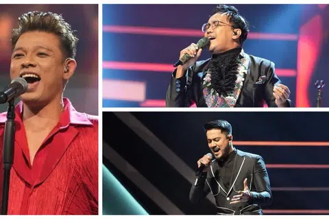 YANG HEBAT, YANG BELUM SAMPAI DAN YANG TERSINGKIR: Hady Mirza (kiri) berada di tangga teratas All Stars Gegar Vaganza pada Ahad malam manakala Aliff Aziz (kanan, di bawah) masih berada di tiga tangga terakhir. Ezad Lazim tersingkir selepas mendapat markah paling rendah.