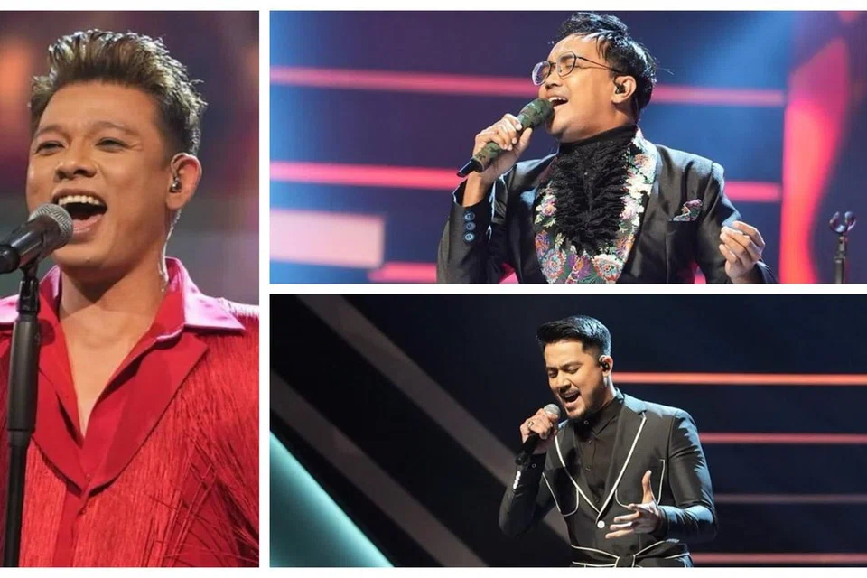 YANG HEBAT, YANG BELUM SAMPAI DAN YANG TERSINGKIR: Hady Mirza (kiri) berada di tangga teratas All Stars Gegar Vaganza pada Ahad malam manakala Aliff Aziz (kanan, di bawah) masih berada di tiga tangga terakhir. Ezad Lazim tersingkir selepas mendapat markah paling rendah.