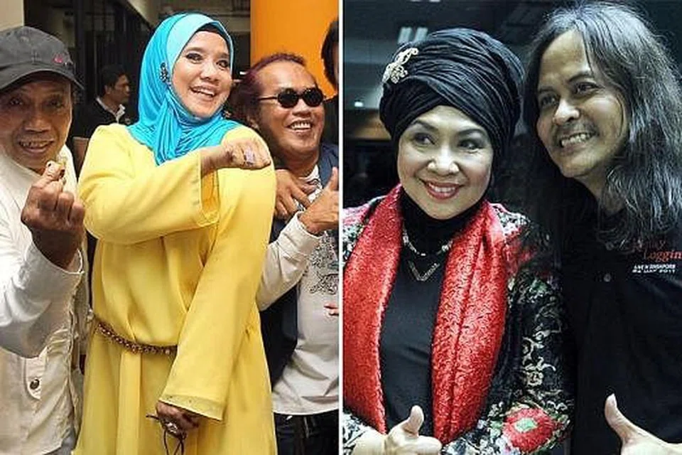 DIJANGKA MUNCUL LAGI DALAM KONSERT KEDUA: (Dari kiri) Razzi M, Milah Hussein dan Jatt Ali, penyanyi veteran Rahimah Rahim pemin gitar Abdul Shukor Jalil sewaktu muncul di konsert pertama di Balai Rakyat Bukit Panjang pada 8 September lalu. - Foto TAUFIK A. KADER