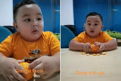 Bayi berusia 18 bulan, Muhamad Aniq Mohd Redzuan, dari Kedah kelihatan mengopek limau sementara ayahnya bertanya siapa yang telah memberi limau itu kepadanya.