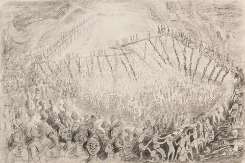 S. Mahdar., Perjuangan di Malaya (Battle in Malaya), 1957. Pensel di atas kertas, 66 x 86 x 2.5 cm. Hadiah daripada koleksi ‘the Loke Wan Tho’. Koleksi Galeri Nasional Singapura.