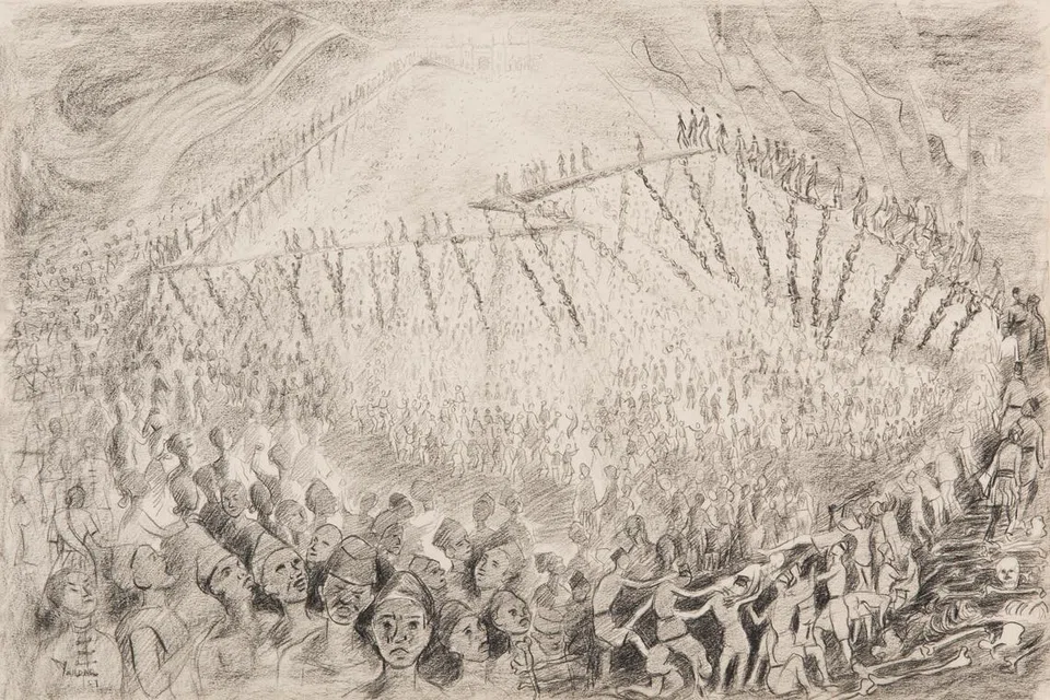 S. Mahdar., Perjuangan di Malaya (Battle in Malaya), 1957. Pensel di atas kertas, 66 x 86 x 2.5 cm. Hadiah daripada koleksi ‘the Loke Wan Tho’. Koleksi Galeri Nasional Singapura.