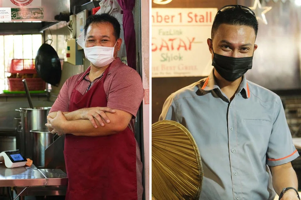 SOKONGLAH MEREKA: Encik Sumadi Sapari, pemilik Warong Pak Sapari (kiri) dan Encik Mohamad Fadzli Saad, pemilik Satay Shiok (kanan) antara pegerai yang ditampilkan di 'BH SoSedap'. - Foto-foto BH oleh SYAKIR SAZALI