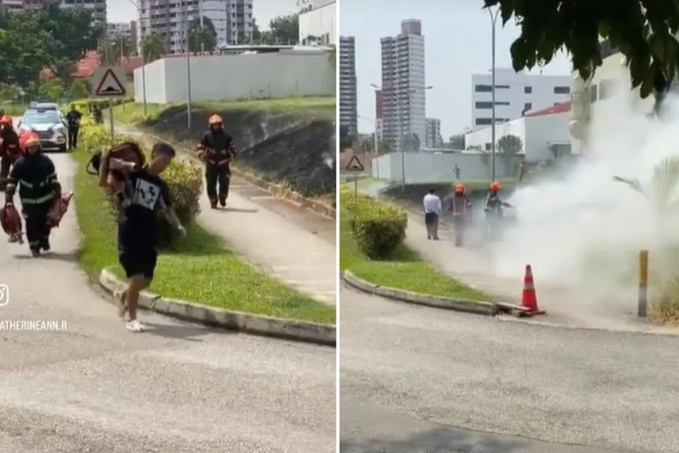 GOTONG-ROYONG: Beberapa individu membantu pegawai bomba SCDF memadamkan api di Bukit Batok.