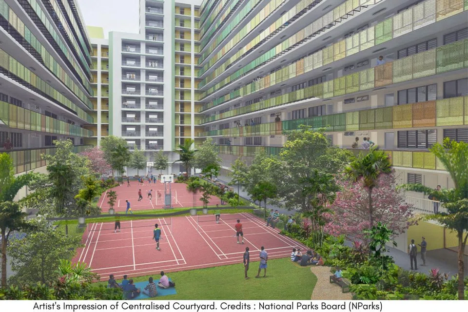 Lakaran artis menunjukkan ruang bersama untuk pekerja migran di dormitori khusus di Tukang Innovation Lane di Jurong.