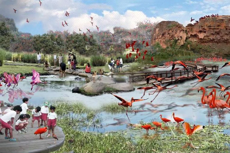 Gambaran artis aviari dengan lanskap menyerupai habitat semula jari unggas di taman burung baru di Mandai. 