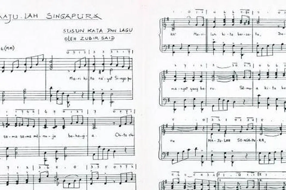 LAGU KEBANGSAAN: Skor muzik dan lirik 'Majulah Singapura' yang digubah Zubir Said dan dialunkan secara rasmi pada 3 Disember 1959. - Foto fail 