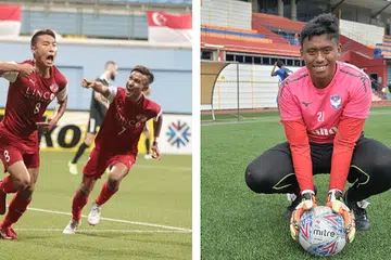 JANGKA AKSI HEBAT: Pemain Home United Song Ui-yong (kiri) dan Aqhari Abdullah akan cuba membolosi benteng Albirex yang disusun dari belakang oleh penjaga gawang barunya Hyrulnizam Juma'at
