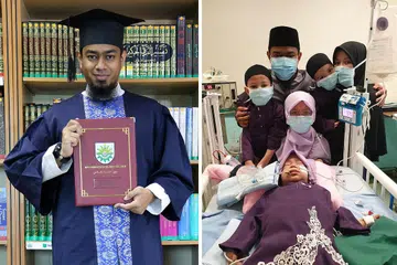 TEMPUHI LALUAN PENUH MENCABAR: Walaupun bersedih dengan pemergian anaknya, Haneen, yang meninggal dunia akibat barah neuroblastoma (gambar kanan), Ustaz Shaik Huzaifah Shaik Hussain terus kuatkan semangat untuk melanjutkan pengajiannya sehingga berjaya menggenggam ijazah Sarjana Falsafah baru-baru ini (gambar kiri). - Foto KOLEJ ISLAM MUHAMMADIYAH & Foto ihsan SHAIK HUZAIFAH SHAIK HUSSAIN