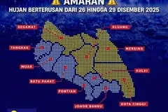 Amaran Hujan Berterusan tahap waspada yang dijangka berlaku selama empat hari bermula 26 hingga 29 Disember 2025.
