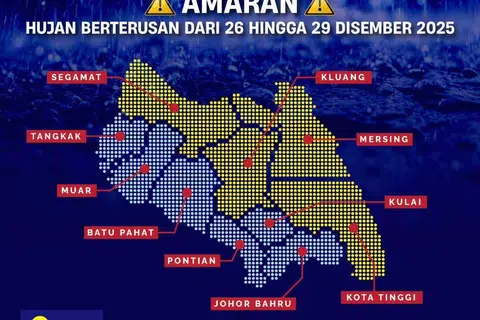 Amaran Hujan Berterusan tahap waspada yang dijangka berlaku selama empat hari bermula 26 hingga 29 Disember 2025.