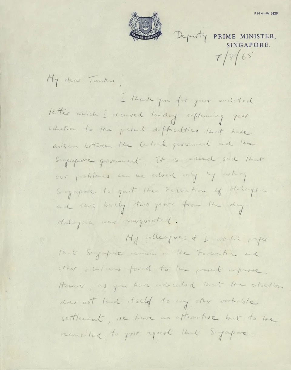 Surat antara mantan Timbalan Perdana Menteri, mendiang Dr Toh Chin Chye, dengan mantan Timbalan Perdana Menteri Malaysia, Allahyarham Tunku Abdul Razak Hussein, bertarikh 7 Ogos 1965.