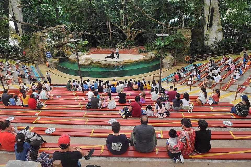 KUNJUNGAN MENINGKAT: Tempat tarikan dibenar beroperasi pada 50 peratus, naik daripada 25 peratus sewaktu Fasa Tiga (Kewaspadaan Dipertingkat) dan orang ramai dilihat mengunjungi Taman Haiwan Singapura bersama keluarga, termasuk kanak-kanak. - Foto BH oleh ALPHONSUS CHERN 