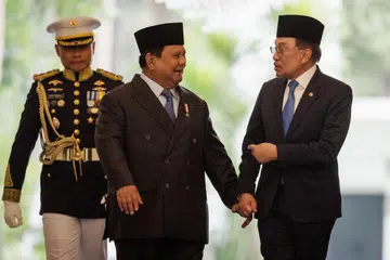Perdana Menteri Malaysia, Datuk Seri Anwar Ibrahim (kanan) dan Presiden Indonesia, Prabowo Subianto (tengah) berjalan bersama sebelum menghadiri mesyuarat dua hala di Istana Presiden di Jakarta pada 29 Julai 2025.