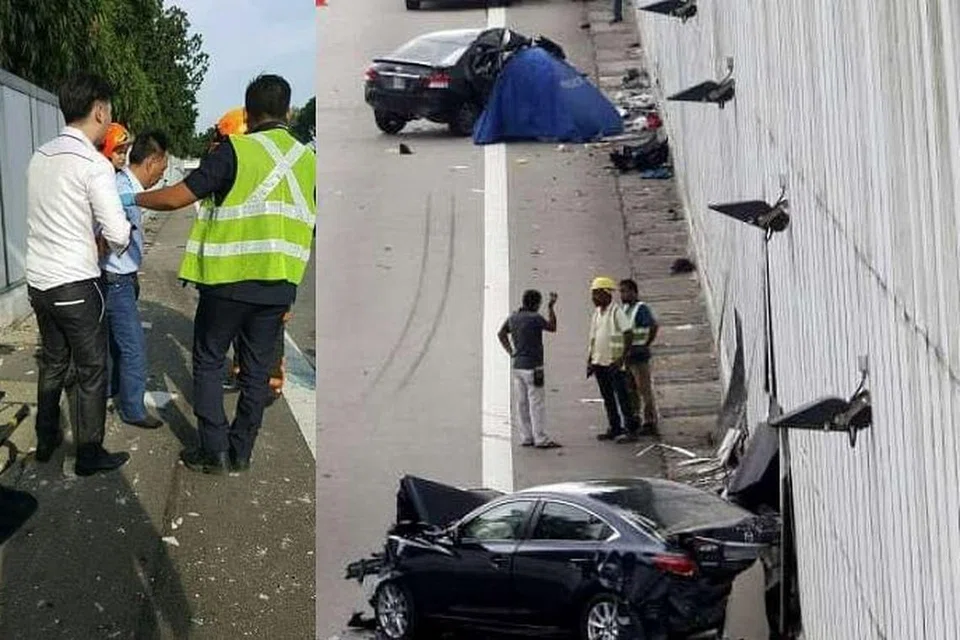 NAHAS DI AYE: Gambar kiri menunjukkan seorang lelaki ditahan oleh seorang pegawai polis di tempat kejadian sementara gambar kanan menunjukkan lorong kiri di lebuh raya AYE yang ditutup kerana kemalangan yang menyebabkan seorang lelaki terkorban. - Foto FACEBOOK