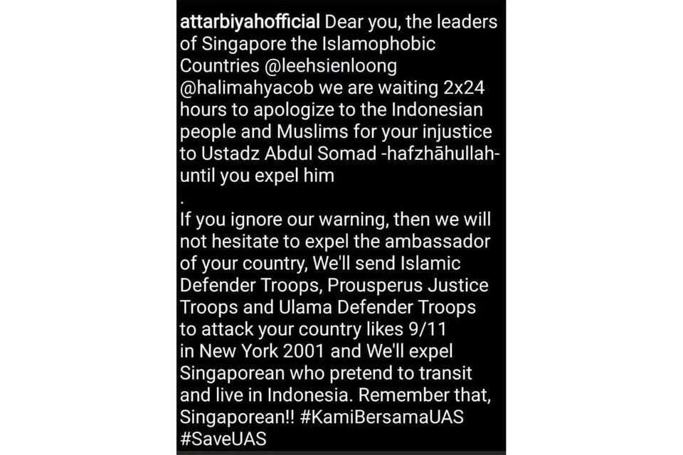 UGUTAN DI MEDIA SOSIAL: Satu ancaman yang dipos di Instagram telah menyifatkan Singapura sebagai negara 'Islamofobik' dan mengugut pemimpin negara ini untuk meminta maaf kepada orang Islam dan rakyat Indonesia. - Foto INSTAGRAM