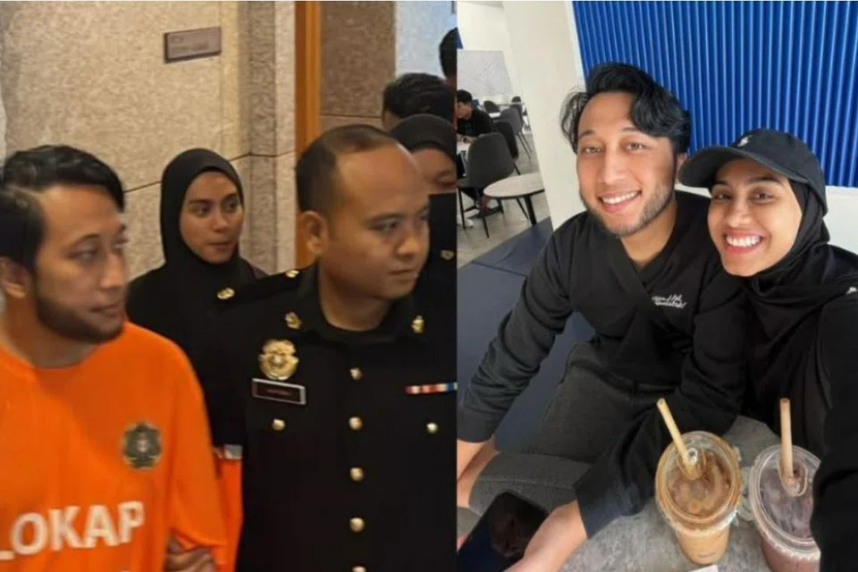 (Gambar kiri) Pasangan pempengaruh media sosial di Malaysia, Mohd Hazalif Mohd Hazani, 30 tahun, atau lebih dikenali sebagai Alif Teega (kiri) dan isterinya Aisyah Hijanah (tengah) ditahan Suruhanjaya Pencegahan Rasuah Malaysia (SPRM) untuk siasatan penyelewengan dana derma awam. (Gambar kanan) Alif Teega dan isteri sebelum ditahan. 