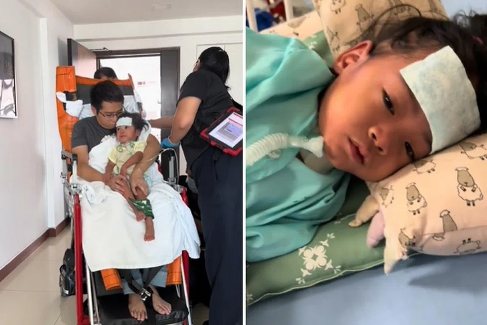 Encik Salihan kelihatan menemaninya anaknya, Nur Eva Eisha, di papan usung (kiri) apabila anaknya dikejarkan ke hospital pada 2 April 2024.