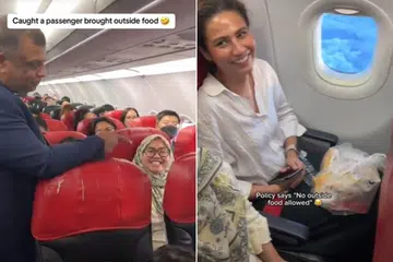 Ketua Pegawai Eksekutif (CEO), syarikat penerbangan AirAsia, Encik Tony Fernandes, bergurau dengan seorang penumpang yang dipercayai membawa masuk makanan luar dalam pesawat.