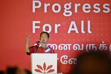 Setiausaha Agung Parti Kemajuan Singapura (PSP), Encik Leong Mun Wai, berucap semasa rapat Pilihan Raya Umum baru-baru ini.