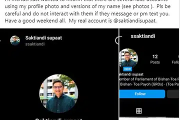 BERI AMARAN: Encik Saktiandi Supaat telah buat catatan di media sosial memberi amaran kepada orang ramai agar tidak membalas mesej beberapa akaun palsu dengan gambar profil dan versi namanya yang direka oleh penipu di Instagram dan juga di Facebook. 
