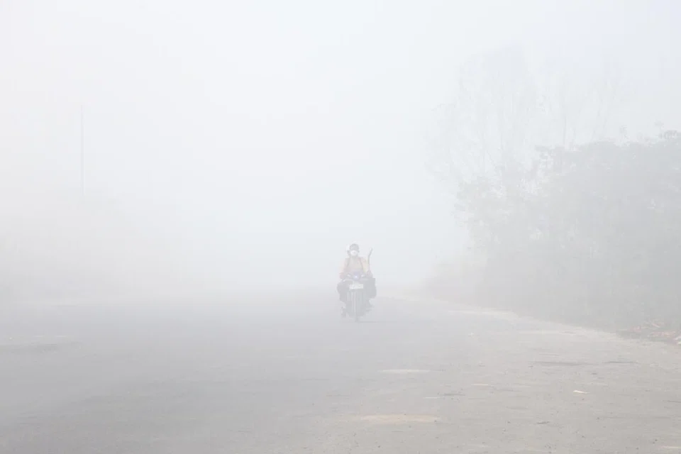 Penunggang motosikal memakai pelitup muka ketika meredah jerebu tebal akibat kebakaran hutan dan lahan di Banyuasin, Sumatera Selatan, Indonesia, pada 3 September. Kebakaran yang semakin buruk akibat musim kering dipengaruhi El Niño turut membabitkan kawasan gambut, dengan api boleh terus membara di bawah tanah dan sukar dikesan satelit. Jerebu berbahaya itu turut menjejaskan negara jiran, termasuk Malaysia dan Filipina.