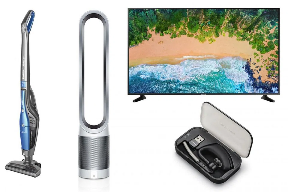 IKUT ARAH PUTARAN JAM DARI KIRI: Alat alat penyedut habuk Midea Handstick Vacuum Cleaner, kipas Dyson Tower Purifying Fan TP00, televisyen Samsung 50 inci Ultra HD SMART LED TV dan alat telinga Plantronics Vovager Legend Charge. - Foto-foto COURTS