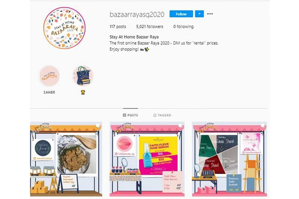 BAZARRAYASG2020: Orang ramai boleh membeli belah menggunakan wadah media sosial Instagram. Laman ini menawarkan pelbagai barangan seperti kuih-muih, baju Raya, sampul duit Raya, aksesori dan perhiasan rumah. - Foto INSTAGRAM BAZAARRAYASG 2020 