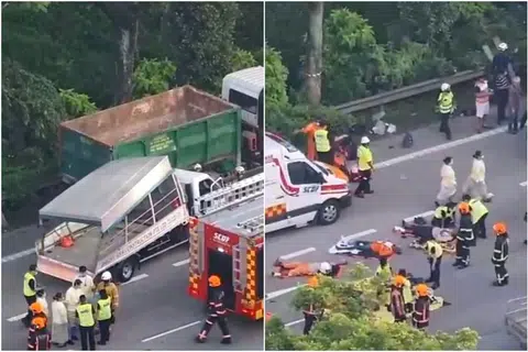 KEMALANGAN LIBATKAN PEKERJA ASING: Video kesan kemalangan di PIE yang dimuatnaikkan ke Facebook menunjukkan beberapa lelaki terbaring bergelimpangan di jalanan. - Foto TANGKAP LAYAR FACEBOOK
