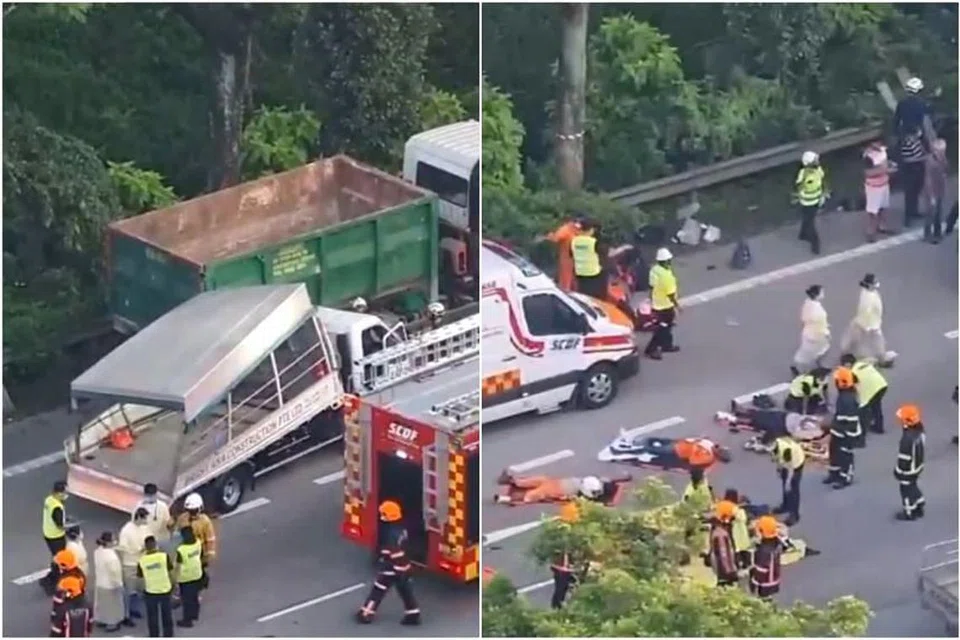 KEMALANGAN LIBATKAN PEKERJA ASING: Video kesan kemalangan di PIE yang dimuatnaikkan ke Facebook menunjukkan beberapa lelaki terbaring bergelimpangan di jalanan. - Foto TANGKAP LAYAR FACEBOOK