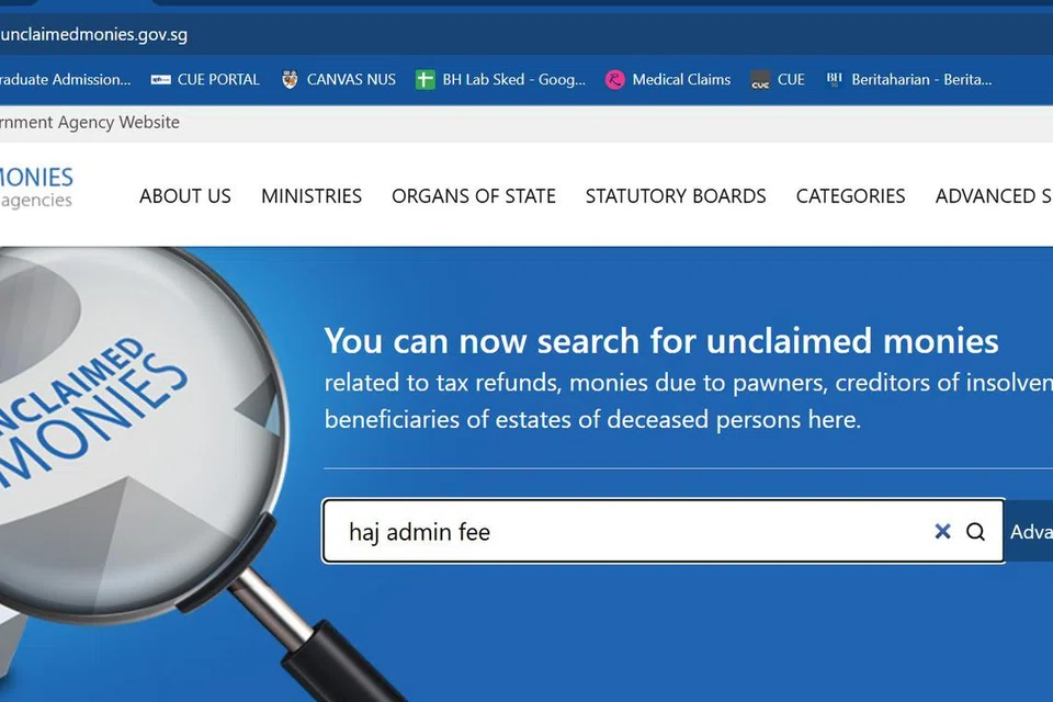 Laman https://www.unclaimedmonies.gov.sg/ untuk mendapatkan tuntutan pulangan yuran pendaftaran haji.