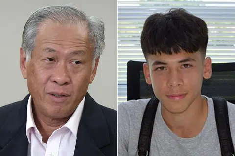 PERJELASAN: Menteri Pertahanan, Dr Ng Eng Hen (kiri), di Parlimen semalam membentangkan beberapa sebab mengapa permohonan penangguhan NS bagi pemain muda Ben Davis (kanan) ditolak. - Foto-foto fail