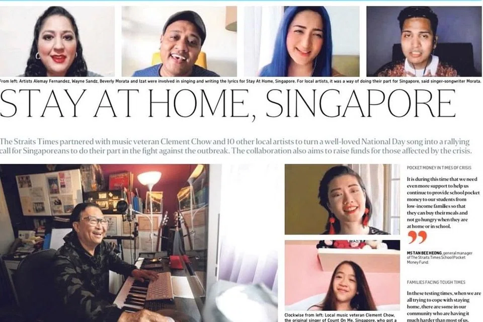 USAHA MURNI: Lagu yang dihasilkan dengan kerjasama Clement Chow, dinyanyikan mengikut irama Count on Me Singapore, tetapi dengan seni kata baru yang mendorong rakyat negara ini untuk duduk di rumah, semasa tempoh 'pemutus litar' bagi membendung penularan Covid-19. 