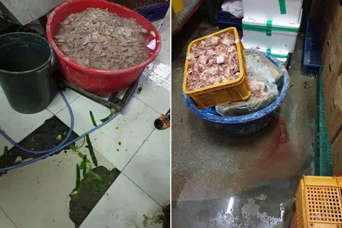 DIDENDA: Syarikat Katering AG (Global) Events dikenakan denda $5,000 pada Rabu (16 Oktober) selepas SFA mendapati amalan syarikat itu dalam persiapan makanan mereka tidak bersih, seperti meninggalkan daging beku untuk cair dengan cara yang tidak bersih, menyimpan bahan mentah tanpa ditutup di lantai. - SINGAPORE FOOD AGENCY/FACEBOOK. 