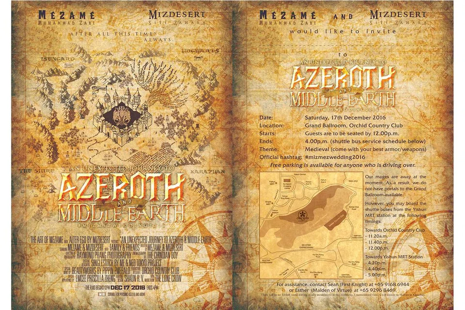 KAD UNDANGAN BUATAN SENDIRI: Ini merupakan kad undangan unik yang dibuat sendiri pasangan ini yang mendapat inspirasi daripada filem seperti 'Lord of the Rings' dan 'Harry Potter'. - Foto THE ART OF MEZAME