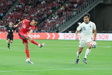 Shawal Anuar (kiri) telah menjaringkan sebanyak 4 gol untuk pasukan Singa dalam Piala AFF Mitsubishi Electric 2024. 